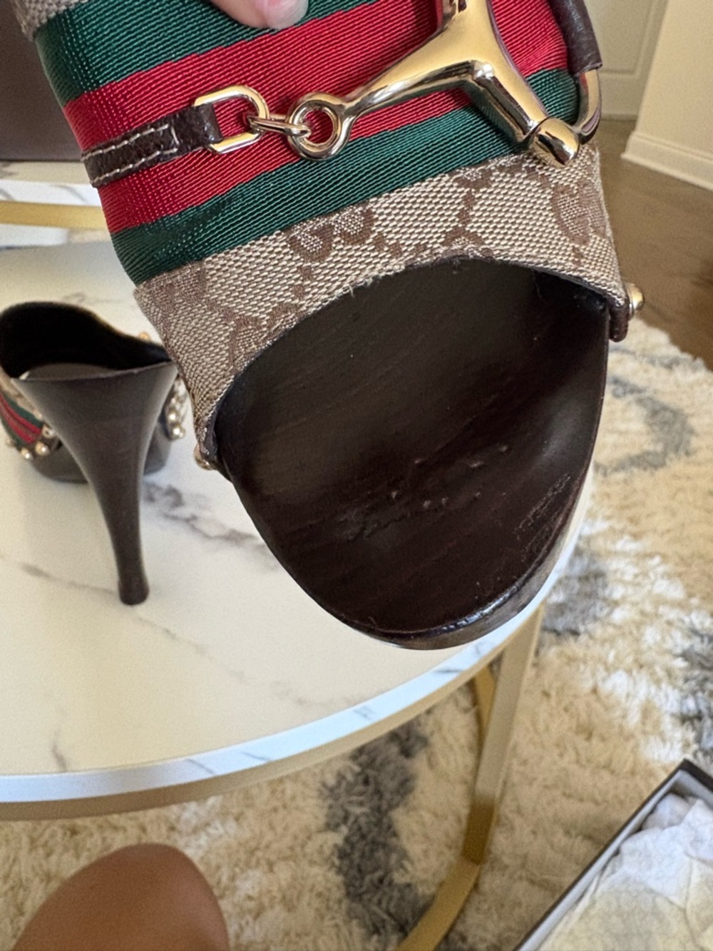 Gucci Brown GG Canvas Wood Platform Slides with Red and Green Web - Picture 8 of 16